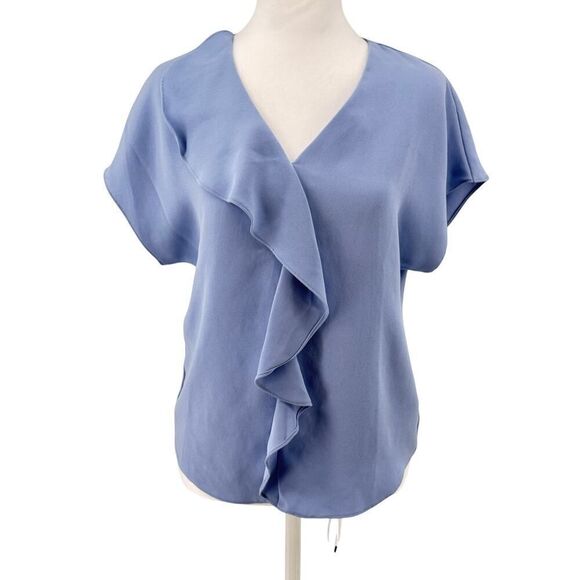 💎 Trina Turk Ruffle Front Blouse XS – Light Blue Dressy Work Top Made in USA - Picture 1 of 9